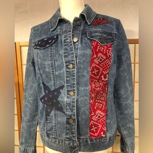 Western Cowgirl Rodeo Style, Upcycled Charter Club, Blue and Red Jean Jacket